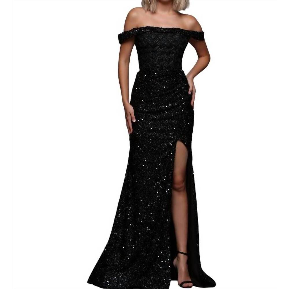 NEW CANDICE off the shoulder slit sequin gown in black